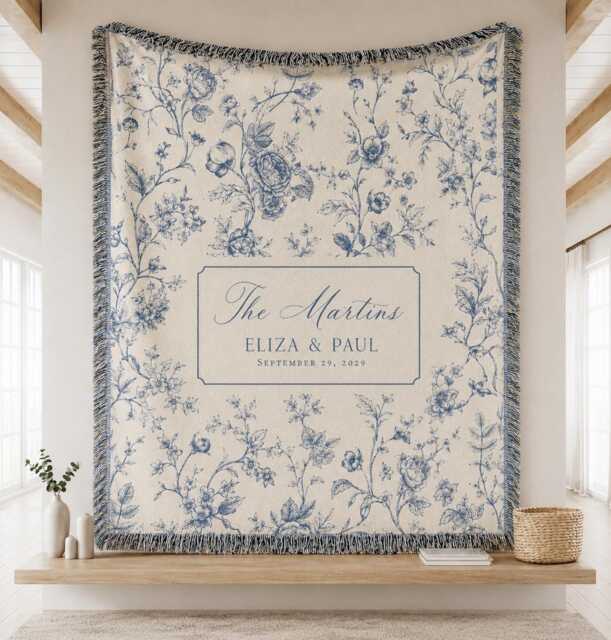Personalized Wedding Woven Blanket, Custom Family Name Blue Floral Toile Throw, Anniversary Gift, Newlywed Keepsake - image 1