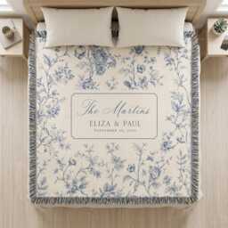 Personalized Wedding Woven Blanket, Custom Family Name Blue Floral Toile Throw, Anniversary Gift, Newlywed Keepsake - thumbnail 2