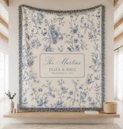 Personalized Wedding Woven Blanket, Custom Family Name Blue Floral Toile Throw, Anniversary Gift, Newlywed Keepsake - thumbnail 1
