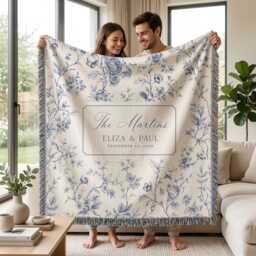 Personalized Wedding Woven Blanket, Custom Family Name Blue Floral Toile Throw, Anniversary Gift, Newlywed Keepsake - thumbnail 3