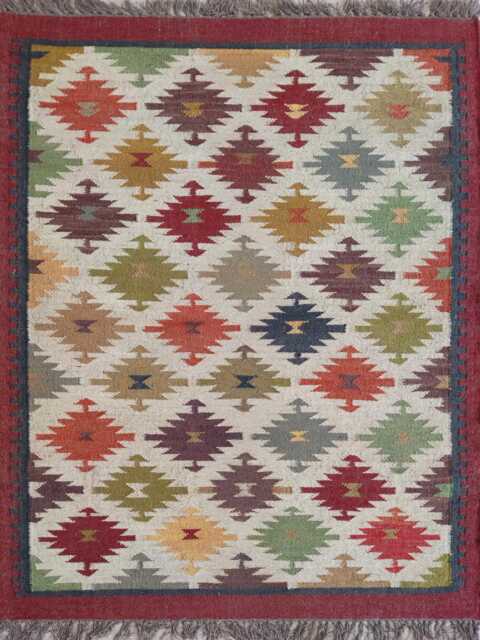 Handwoven Wool Jute Kilim Rug - Multicolour Tribal Diamond Pattern - image 1