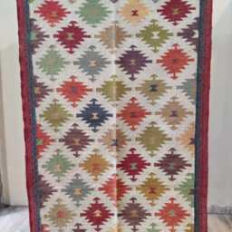 Handwoven Wool Jute Kilim Rug - Multicolour Tribal Diamond Pattern - thumbnail 4