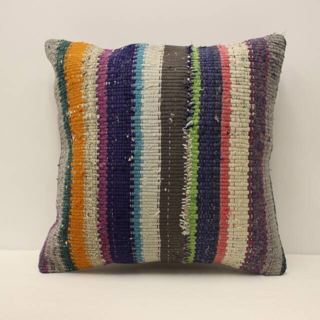 Vintage Turkish Kilim Pillow Cover, Handmade Wool Carpet, 18x18 - image 1