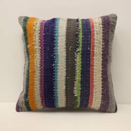 Vintage Turkish Kilim Pillow Cover, Handmade Wool Carpet, 18x18 - thumbnail 1