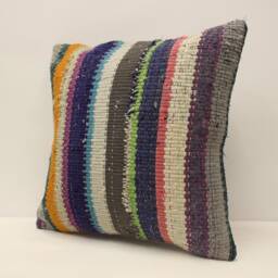 Vintage Turkish Kilim Pillow Cover, Handmade Wool Carpet, 18x18 - thumbnail 3