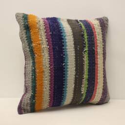 Vintage Turkish Kilim Pillow Cover, Handmade Wool Carpet, 18x18 - thumbnail 2