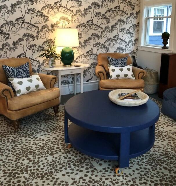 Custom Upholstered Round Table With Shelf