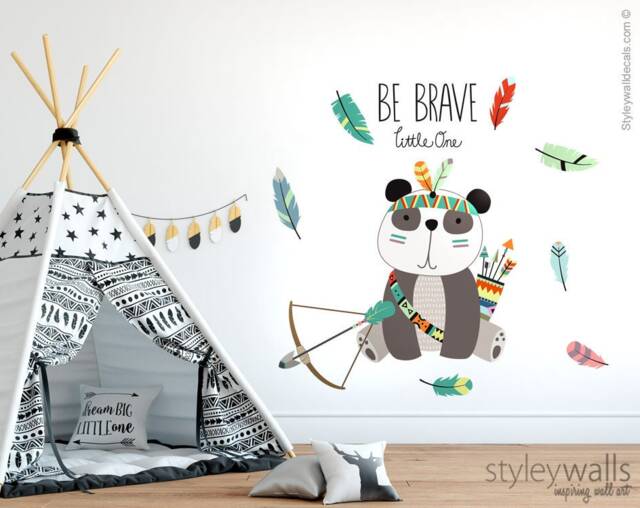 Panda Wall Decal, Tribal Animals Sticker, Feather Arrows Nursery Decor, Be Brave Little One Lettering - image 1