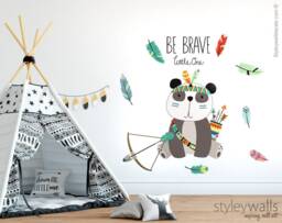 Panda Wall Decal, Tribal Animals Sticker, Feather Arrows Nursery Decor, Be Brave Little One Lettering - thumbnail 1