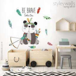Panda Wall Decal, Tribal Animals Sticker, Feather Arrows Nursery Decor, Be Brave Little One Lettering - thumbnail 2