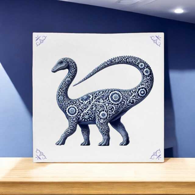 Brachiosaurus, Delft Blue Tile, Ceramic Dinosaur Decor, T-Rex Dinosaur Gift, Dino, Dino Gift For Him, Wall Art, Jurassic - image 1