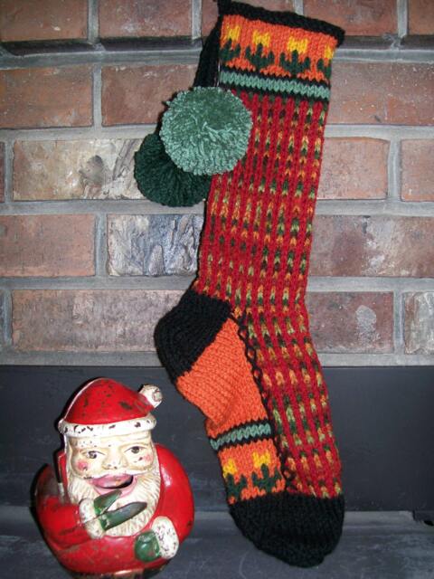 Hand Knit Christmas Stocking Fall Tones Red Green Orange Stripes Flower Border By Santa's Works - image 1