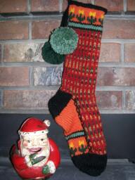 Hand Knit Christmas Stocking Fall Tones Red Green Orange Stripes Flower Border By Santa's Works