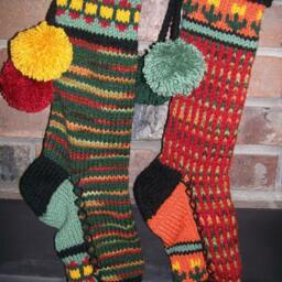 Hand Knit Christmas Stocking Fall Tones Red Green Orange Stripes Flower Border By Santa's Works - thumbnail 2