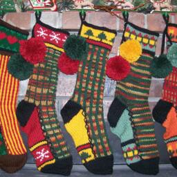 Hand Knit Christmas Stocking Fall Tones Red Green Orange Stripes Flower Border By Santa's Works - thumbnail 4
