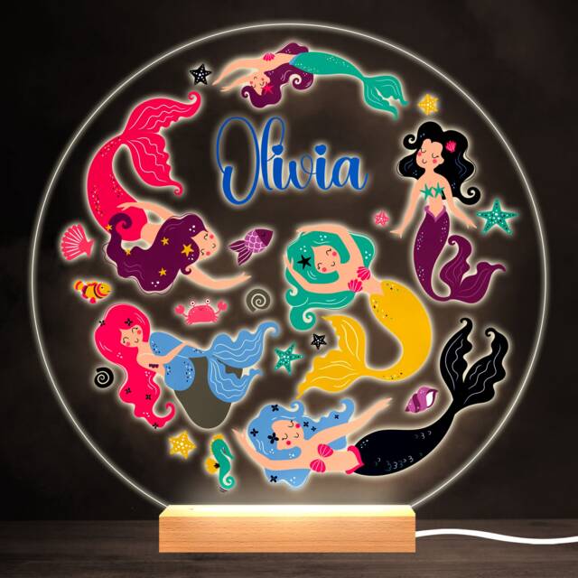 Mermaid Girls Underwater Sea Colourful Round Personalised Gift Lamp Night Light - Bedroom - image 1