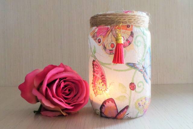 Pink Butterfly Decoupage Jar Light, Decorative Night Table Centerpiece - image 1
