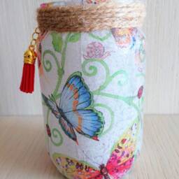 Pink Butterfly Decoupage Jar Light, Decorative Night Table Centerpiece - thumbnail 2