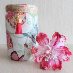Pink Butterfly Decoupage Jar Light, Decorative Night Table Centerpiece - thumbnail 3