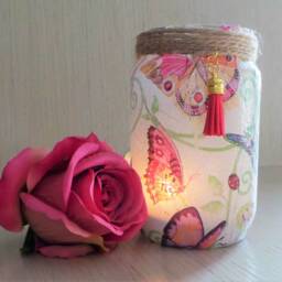 Pink Butterfly Decoupage Jar Light, Decorative Night Table Centerpiece - thumbnail 4