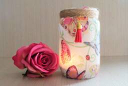 Pink Butterfly Decoupage Jar Light, Decorative Night Table Centerpiece
