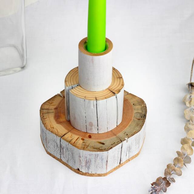 Candlestick From Salvaged Wood, Handmade Candle Holder Reclaimed Wabi-Sabi Style With Brass Cup - image 1
