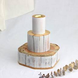 Candlestick From Salvaged Wood, Handmade Candle Holder Reclaimed Wabi-Sabi Style With Brass Cup - thumbnail 2