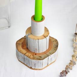 Candlestick From Salvaged Wood, Handmade Candle Holder Reclaimed Wabi-Sabi Style With Brass Cup - thumbnail 1