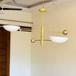 2 White Sputnik Light - Mid Century Antique Brass Flush Mount - Chandelier Ceiling Modern Light - thumbnail 2