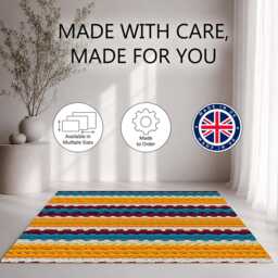 Mustard Teal Crochet Stripe Textured Pattern Rug Non-Slip Soft Area Carpet Bedroom Living Room Hallway Mat Decor - Made in UK - thumbnail 2