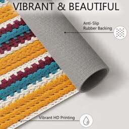 Mustard Teal Crochet Stripe Textured Pattern Rug Non-Slip Soft Area Carpet Bedroom Living Room Hallway Mat Decor - Made in UK - thumbnail 4