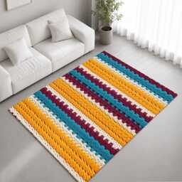 Mustard Teal Crochet Stripe Textured Pattern Rug Non-Slip Soft Area Carpet Bedroom Living Room Hallway Mat Decor - Made in UK - thumbnail 1