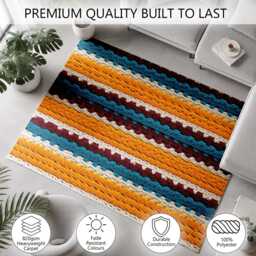 Mustard Teal Crochet Stripe Textured Pattern Rug Non-Slip Soft Area Carpet Bedroom Living Room Hallway Mat Decor - Made in UK - thumbnail 3