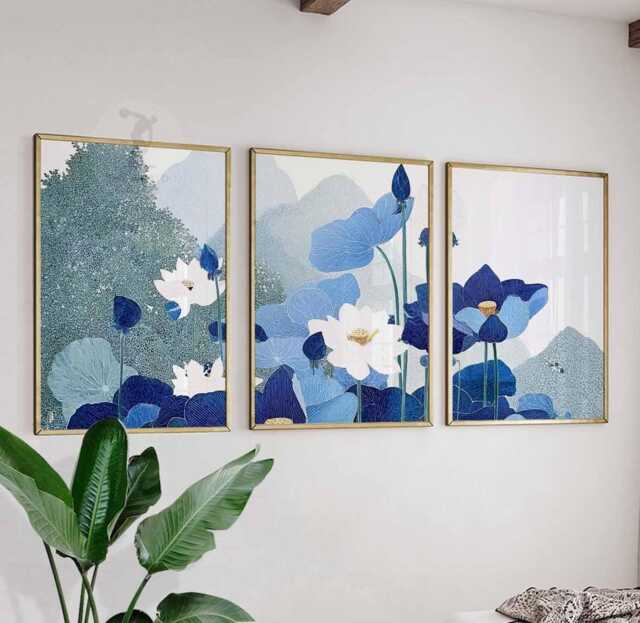 Set Of 3 Blue Lotus Wall Art Prints, Floral Botanical Posters, Modern Nature Inspired Decor For Living Room - image 1