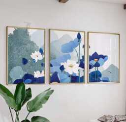 Set Of 3 Blue Lotus Wall Art Prints, Floral Botanical Posters, Modern Nature Inspired Decor For Living Room - thumbnail 1