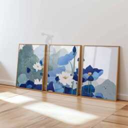 Set Of 3 Blue Lotus Wall Art Prints, Floral Botanical Posters, Modern Nature Inspired Decor For Living Room - thumbnail 3