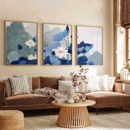 Set Of 3 Blue Lotus Wall Art Prints, Floral Botanical Posters, Modern Nature Inspired Decor For Living Room - thumbnail 2