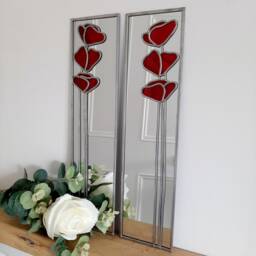 Opposite Pair Poppy 3 in Red Rennie Mackintosh Style Stained Glass Effect Mirror Handmade Gift 40x10cms - thumbnail 2