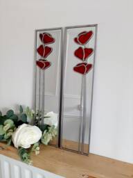 Opposite Pair Poppy 3 in Red Rennie Mackintosh Style Stained Glass Effect Mirror Handmade Gift 40x10cms - thumbnail 1