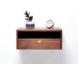 Solid Walnut Floating Nightstand With Drawer & Shelf, Midcentury Bedside Table, Mid Century Modern - thumbnail 1