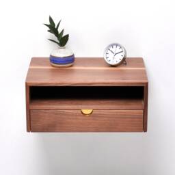 Solid Walnut Floating Nightstand With Drawer & Shelf, Midcentury Bedside Table, Mid Century Modern - thumbnail 2