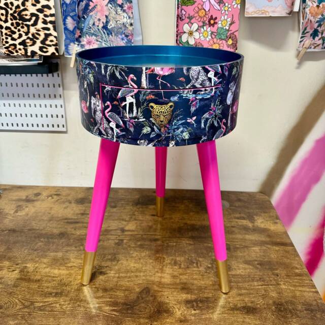 Round Hot Pink Bedside Table, Navy Leopard, Elephant & Flamingo Design. Wooden Cheetah Side Table With Drawer. Quirky Nightstand Bedroom - image 1