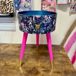 Round Hot Pink Bedside Table, Navy Leopard, Elephant & Flamingo Design. Wooden Cheetah Side Table With Drawer. Quirky Nightstand Bedroom