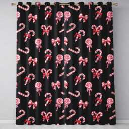 Cute Candy Cane Bows Dark Black Background Seamless Pattern Readymade Eyelet Ring Top Thermal 100% Blackout Curtains - thumbnail 2