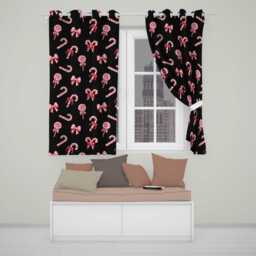 Cute Candy Cane Bows Dark Black Background Seamless Pattern Readymade Eyelet Ring Top Thermal 100% Blackout Curtains