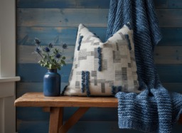 Textured Neutral Pillow Cover With Blue Tufted Details, Modern Boho Cushion For Sofa, Bed - thumbnail 1
