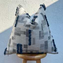 Textured Neutral Pillow Cover With Blue Tufted Details, Modern Boho Cushion For Sofa, Bed - thumbnail 2