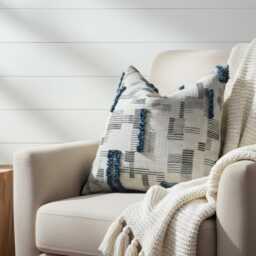 Textured Neutral Pillow Cover With Blue Tufted Details, Modern Boho Cushion For Sofa, Bed - thumbnail 4