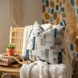 Textured Neutral Pillow Cover With Blue Tufted Details, Modern Boho Cushion For Sofa, Bed - thumbnail 3