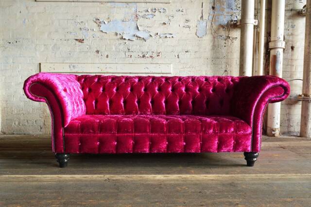 3 Seater Fuchsia Pink Crushed Velvet Fabric Chesterfield Sofa, British Handmade Furniture - image 1